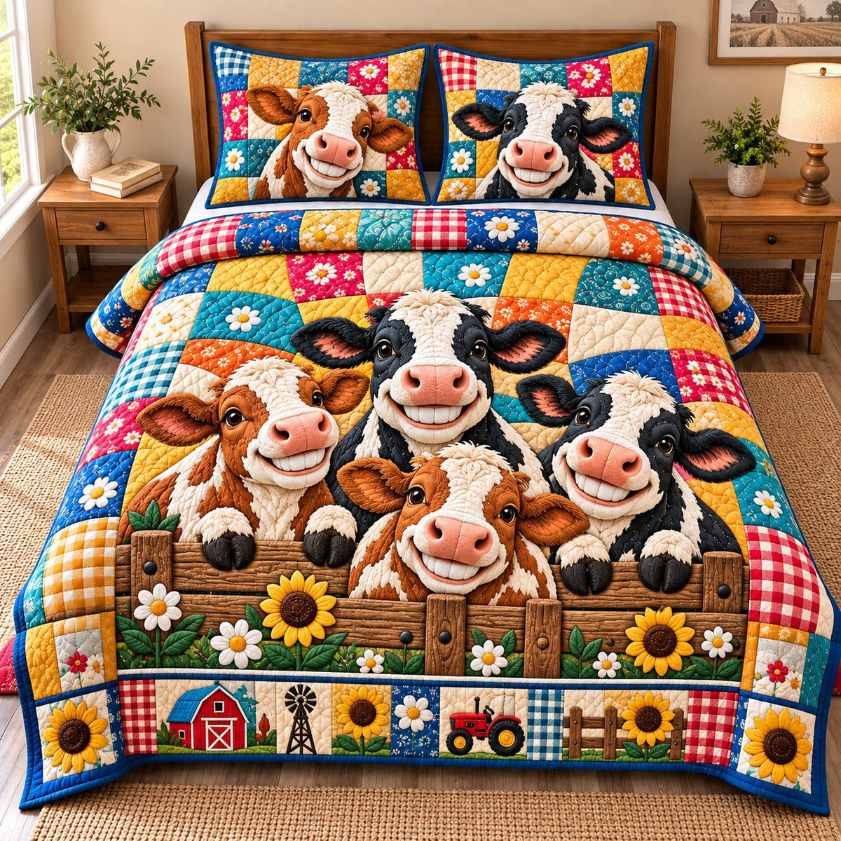 Funky Cows quilted 3-piece bedding set on a made bed with two matching pillow shams