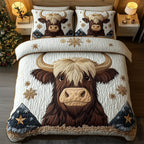 Funky Highland Cow Brown quilted 3-piece bedding set on a made bed with two matching pillow shams