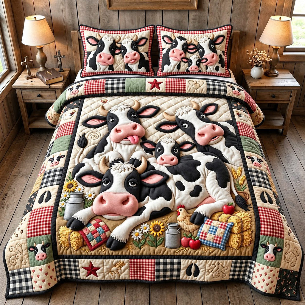 Funny Cow quilted 3-piece bedding set on a made bed with two matching pillow shams