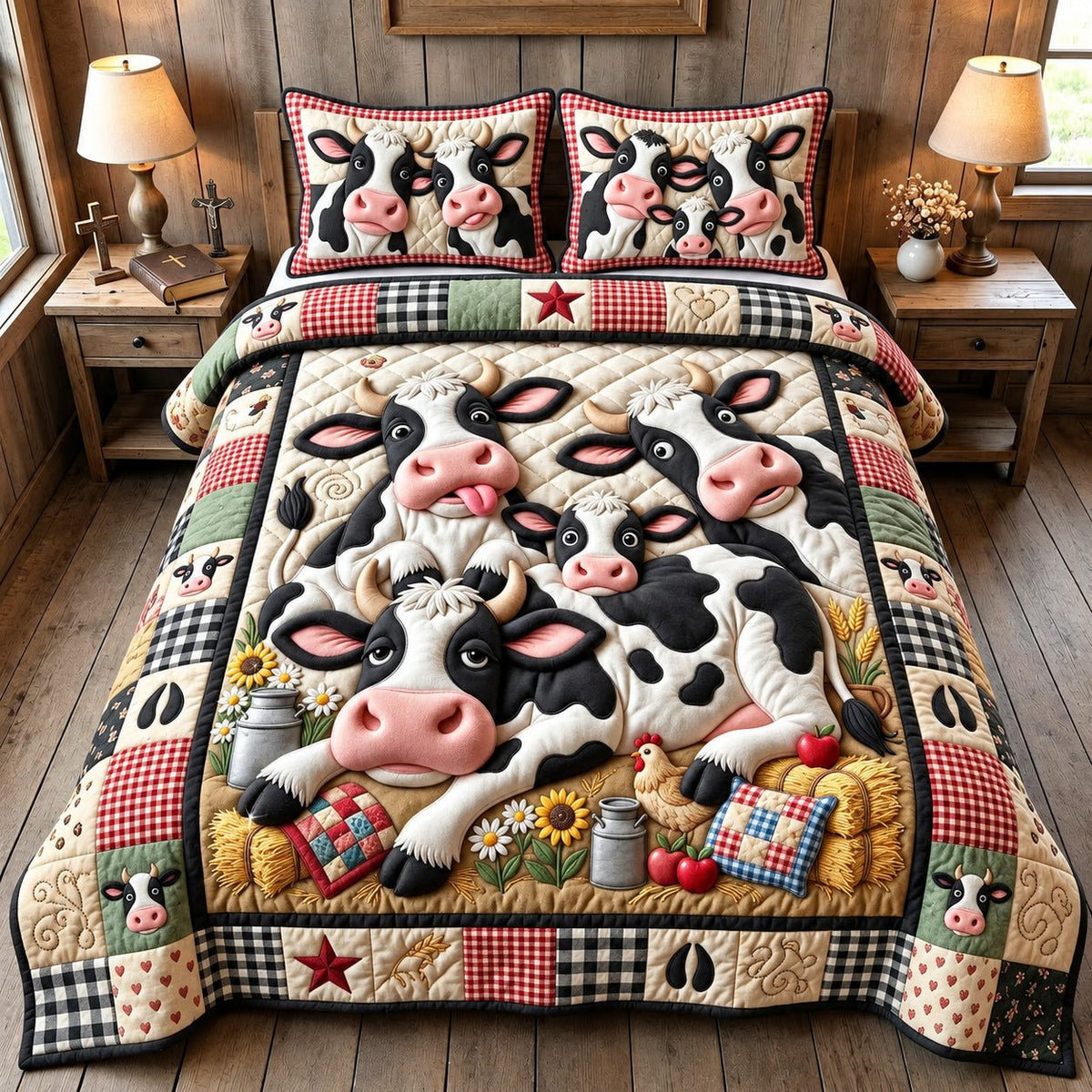 Funny Cow quilted 3-piece bedding set on a made bed with two matching pillow shams