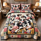 Funny Cow quilted 3-piece bedding set on a made bed with two matching pillow shams