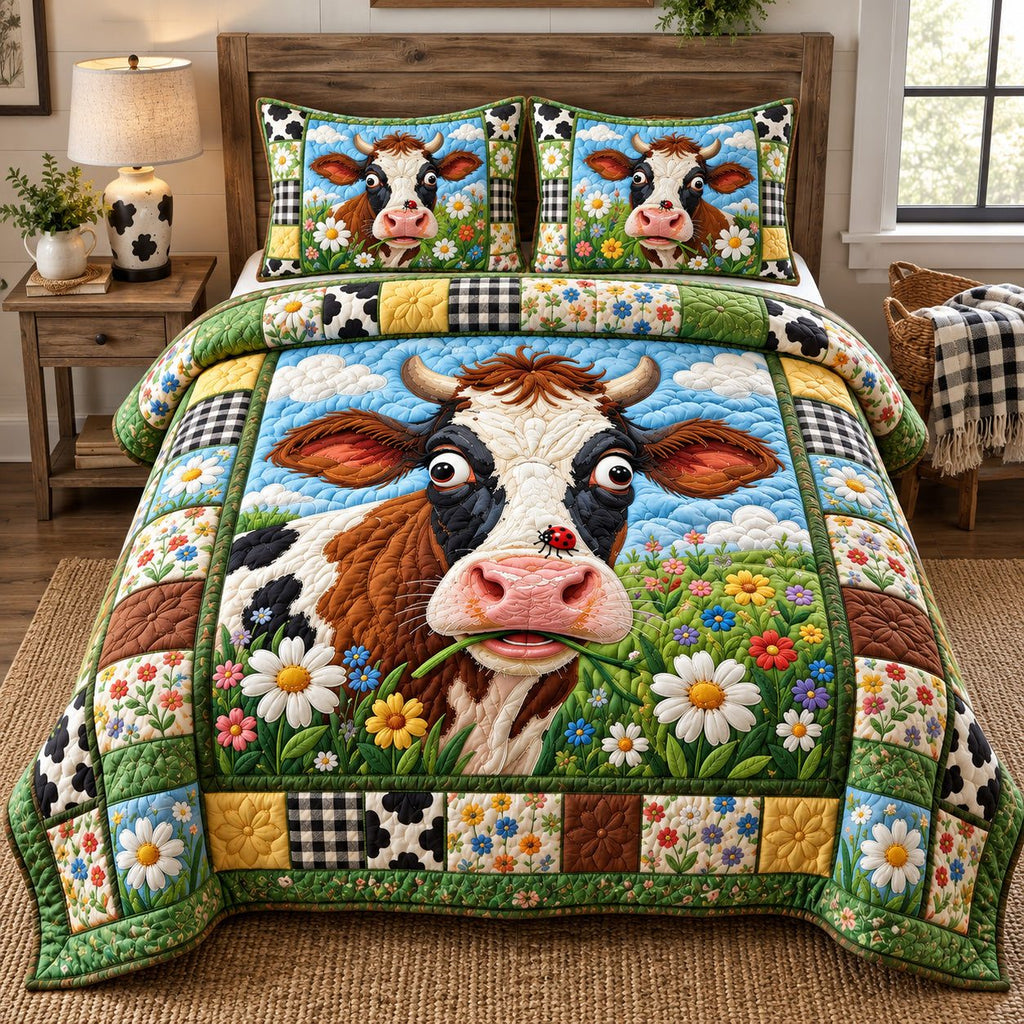 Funny Flower Cow quilted 3-piece bedding set on a made bed with two matching pillow shams