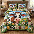 Funny Flower Cow quilted 3-piece bedding set on a made bed with two matching pillow shams