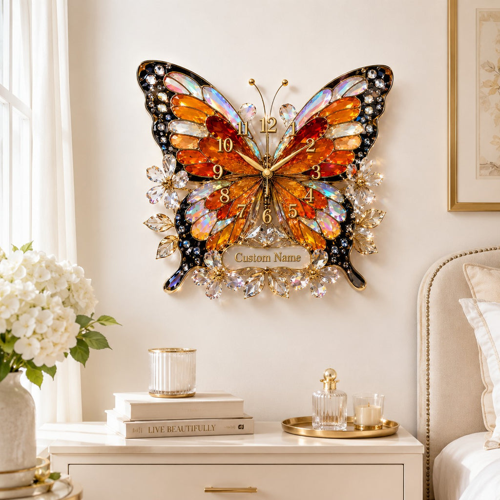 Butterfly Custom Name Wall Clock — personalized with a custom name
