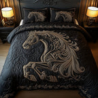 Galloping Horse Black Damask quilted 3-piece bedding set on a made bed in a rustic timber bedroom