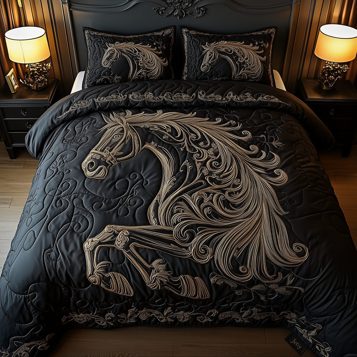 Galloping Horse Black Damask quilted 3-piece bedding set on a made bed in a rustic timber bedroom