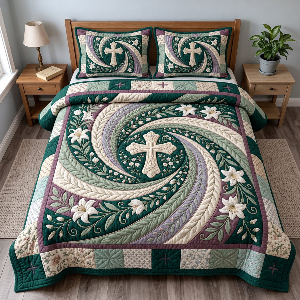 Garden Of Faith quilted 3-piece bedding set on a made bed in a softly lit bedroom