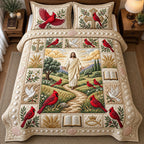 Garden Path Surrounded By His Grace quilted 3-piece bedding set on a made bed with two matching pillow shams