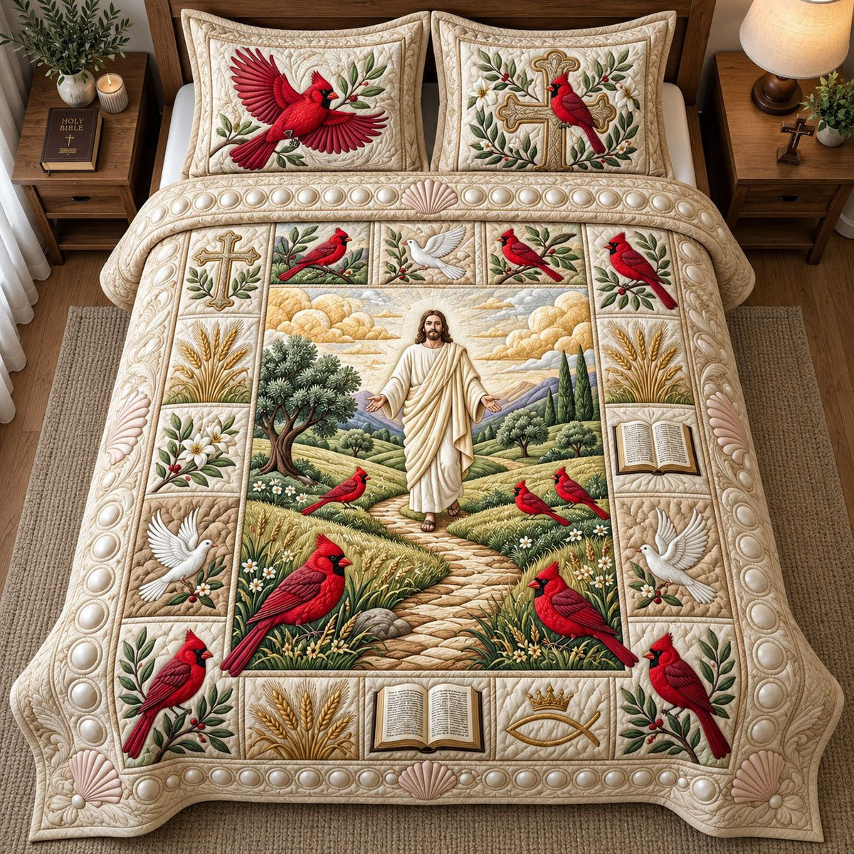 Garden Path Surrounded By His Grace quilted 3-piece bedding set on a made bed with two matching pillow shams