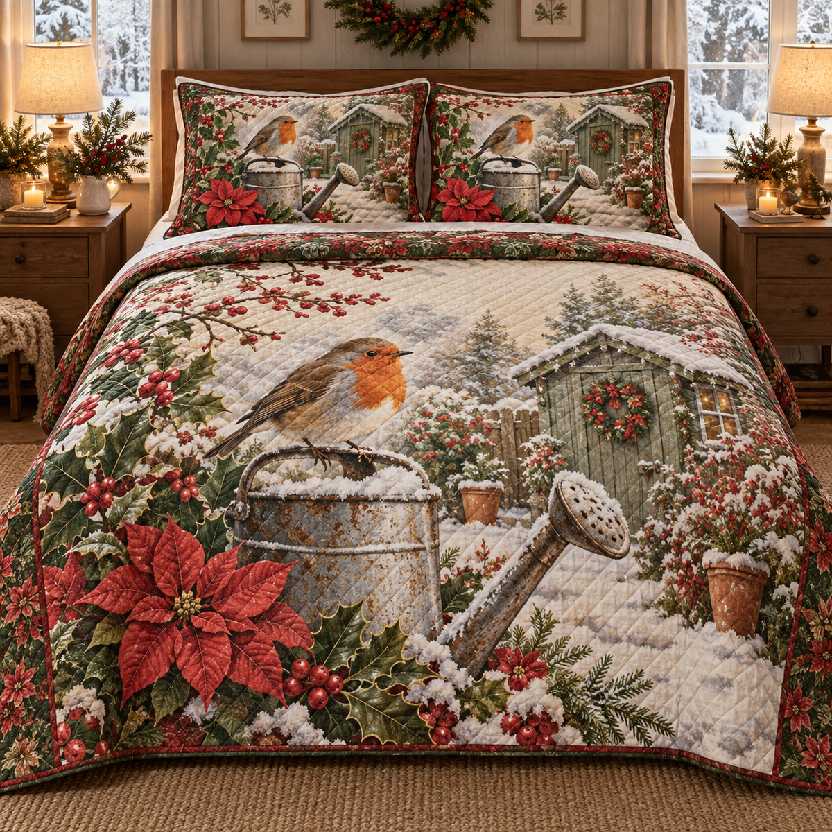 Garden Robin Christmas 3-Piece Quilted Bedding Set — digital product visualization