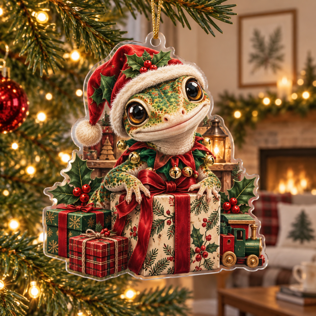 Gecko Acrylic Christmas Ornament — digital product visualization