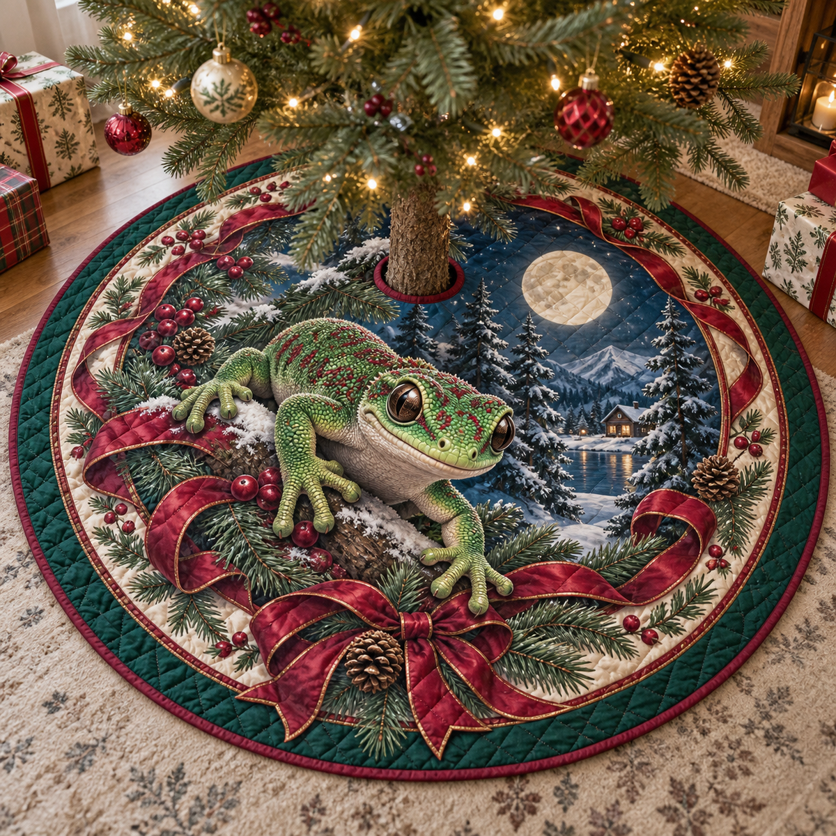 Gecko Quilted Christmas Tree Skirt — digital product visualization