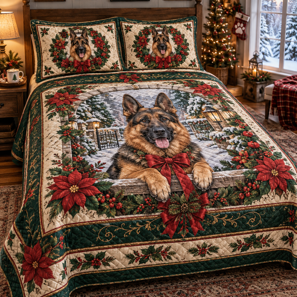 German Shepherd Christmas 3-Piece Quilted Bedding Set — digital product visualization