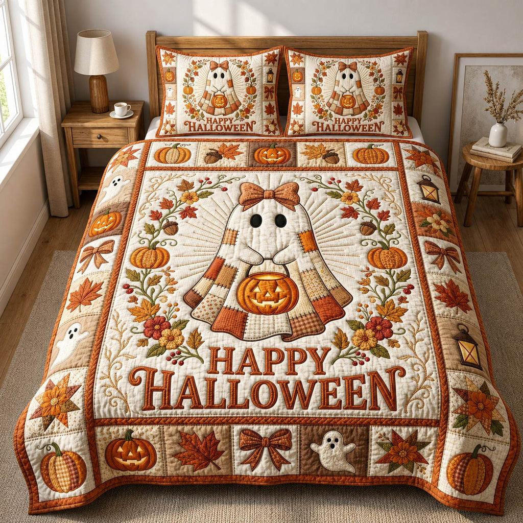 Ghost Patchwork Happy Halloween quilted 3-piece bedding set on a made bed against a dark styled interior