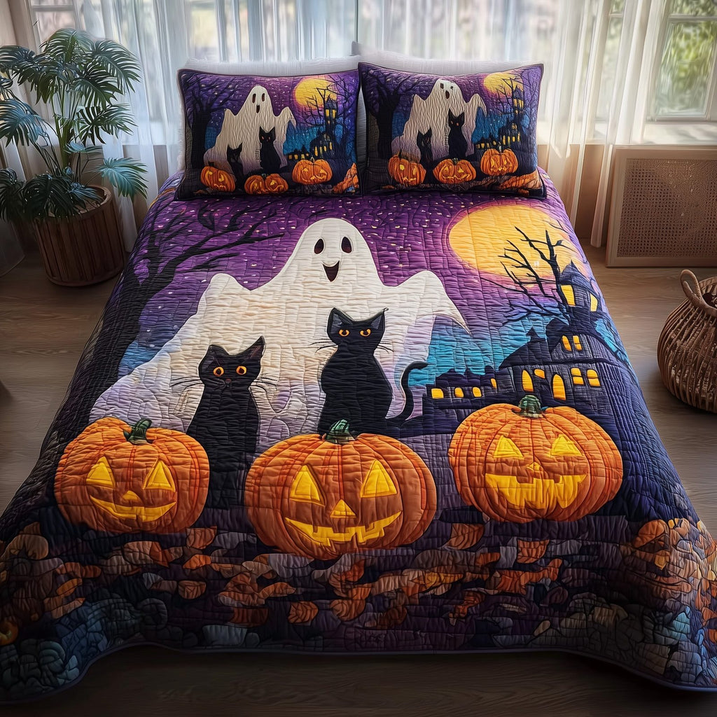Ghostly Giggles Cats Pumpkins quilted 3-piece bedding set on a made bed against a dark styled interior