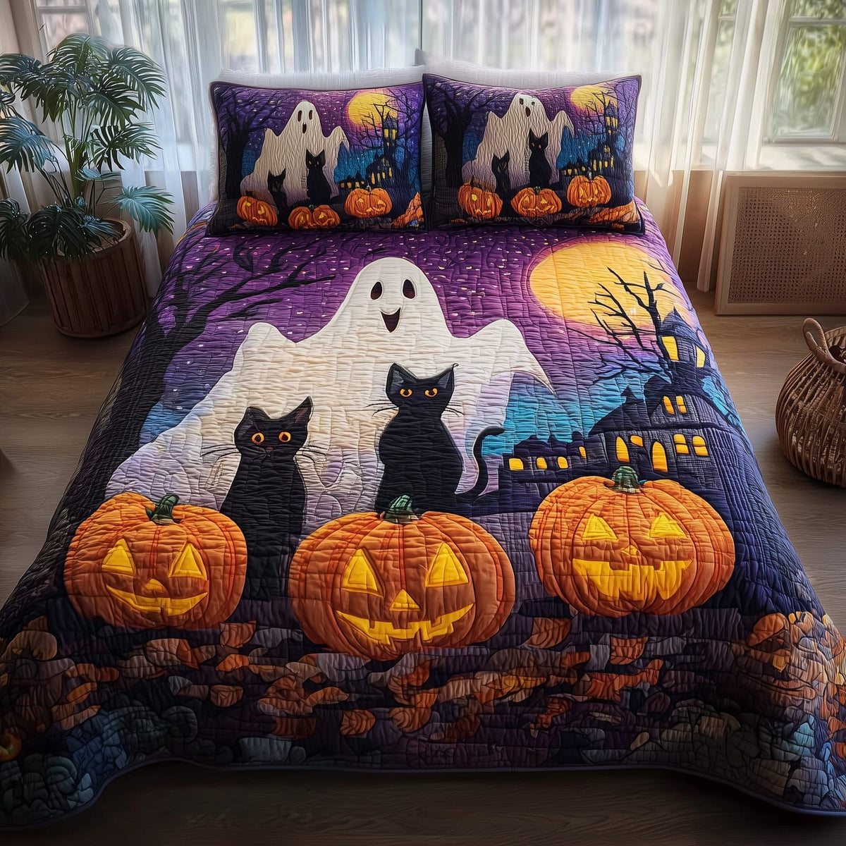 Ghostly Giggles Cats Pumpkins quilted 3-piece bedding set on a made bed against a dark styled interior