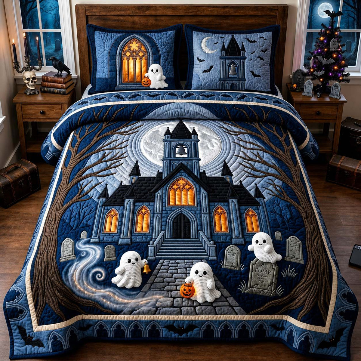 Ghostly Graveyard Blue House quilted 3-piece bedding set on a made bed against a dark styled interior