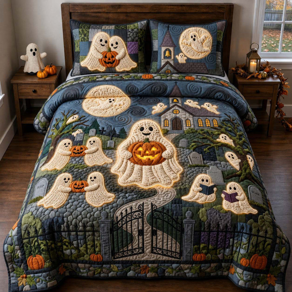 Ghostly Graveyard Moon quilted 3-piece bedding set on a made bed against a dark styled interior