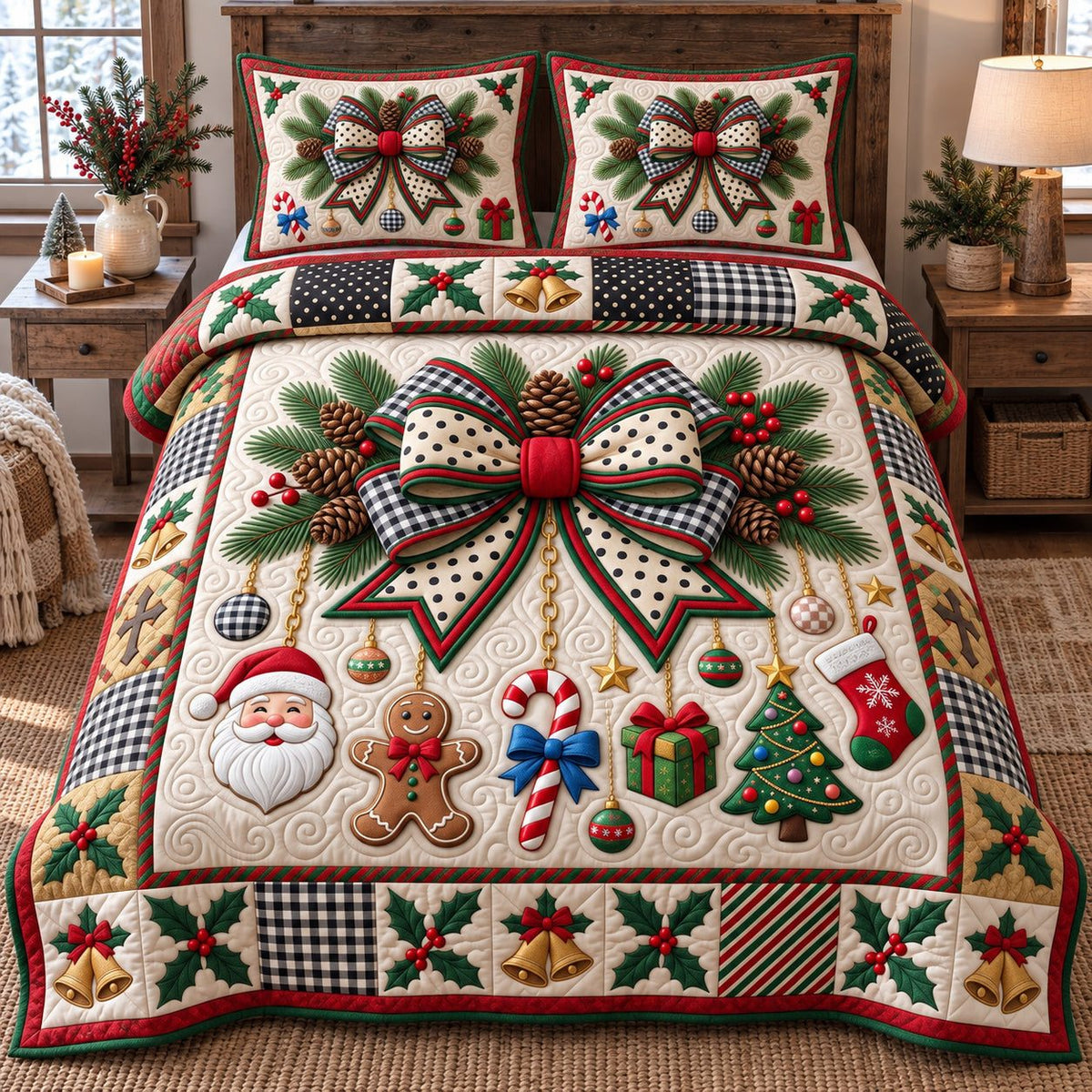 Giant Christmas Bow quilted 3-piece bedding set on a made bed in a winter-styled bedroom