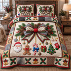 Giant Christmas Bow quilted 3-piece bedding set on a made bed in a winter-styled bedroom