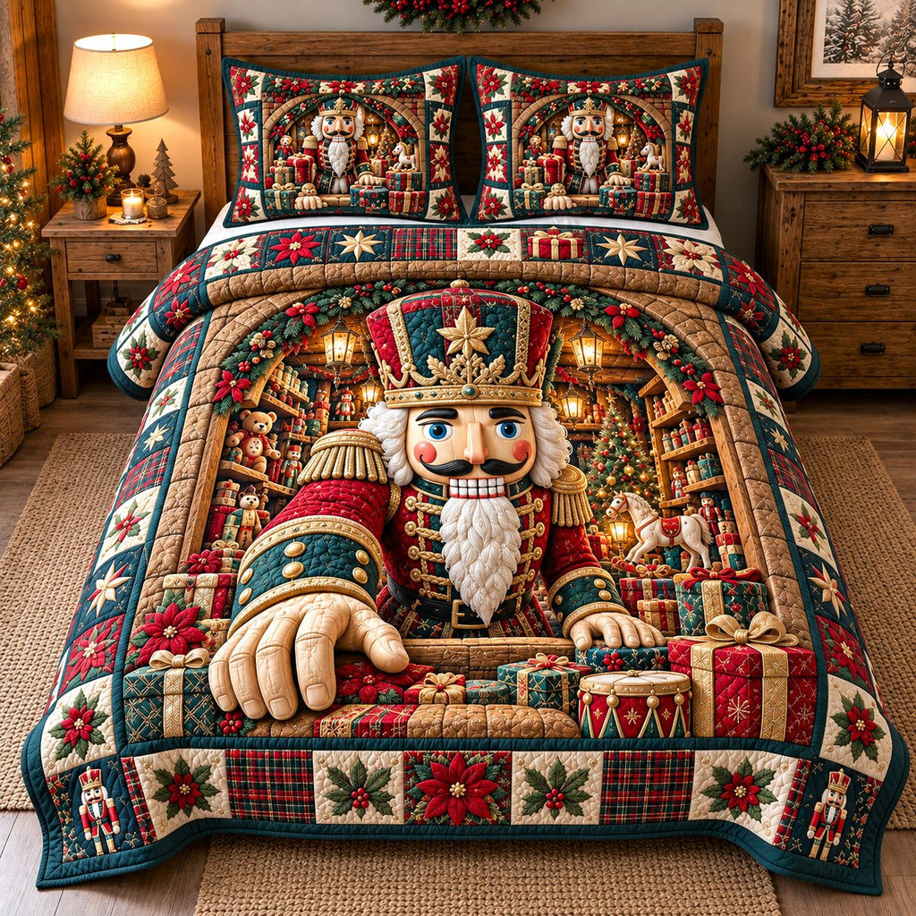 Giant Toy Nutcracker quilted 3-piece bedding set on a made bed in a winter-styled bedroom