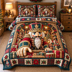 Giant Toy Nutcracker quilted 3-piece bedding set on a made bed in a winter-styled bedroom