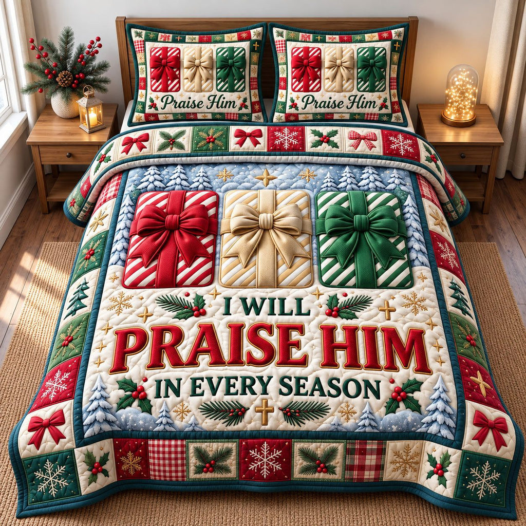 Gift Boxes Praise Him Christmas quilted 3-piece bedding set on a made bed in a winter-styled bedroom