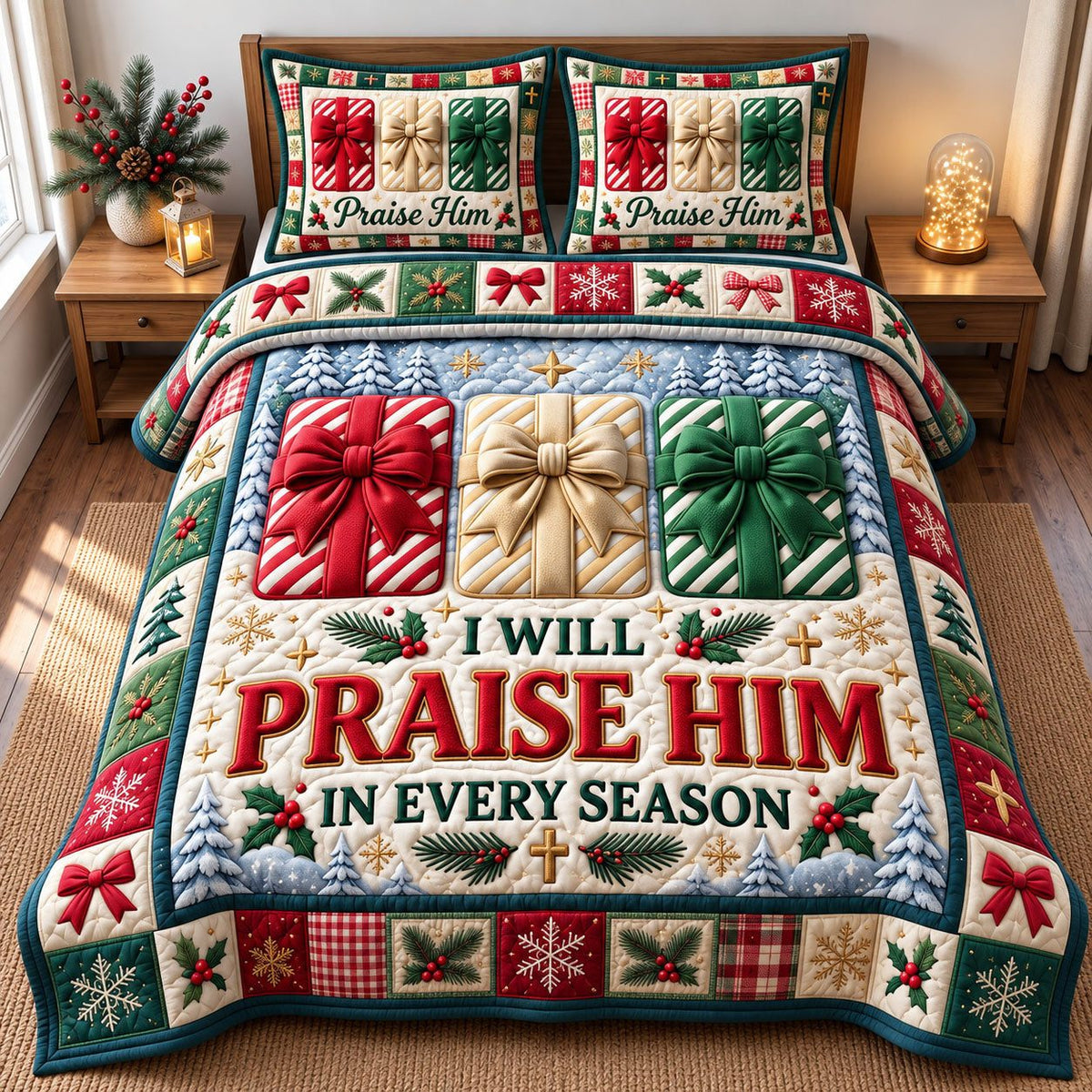 Gift Boxes Praise Him Christmas quilted 3-piece bedding set on a made bed in a winter-styled bedroom