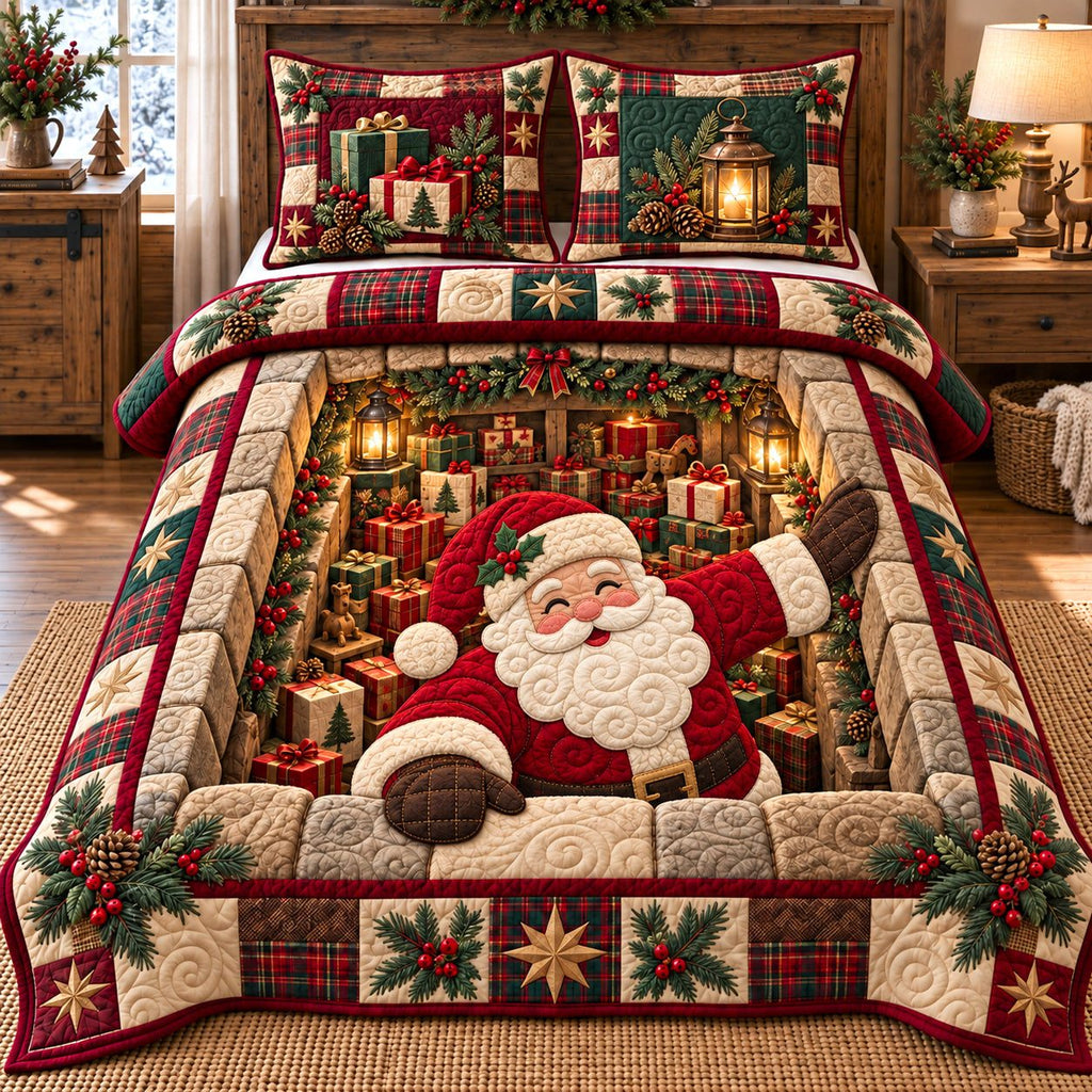 Gift Room Santa quilted 3-piece bedding set on a made bed in a winter-styled bedroom