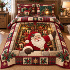 Gift Room Santa quilted 3-piece bedding set on a made bed in a winter-styled bedroom