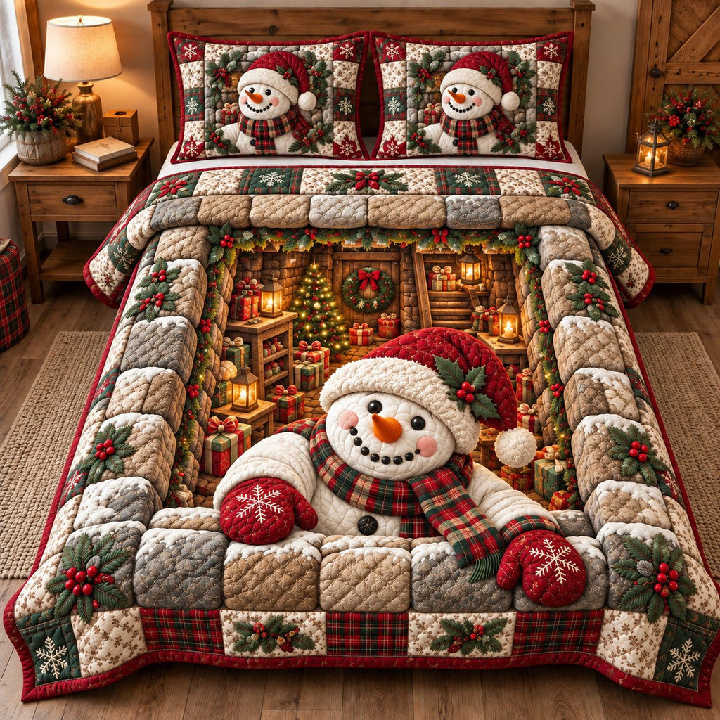 Gift Room Snowman quilted 3-piece bedding set on a made bed in a winter-styled bedroom