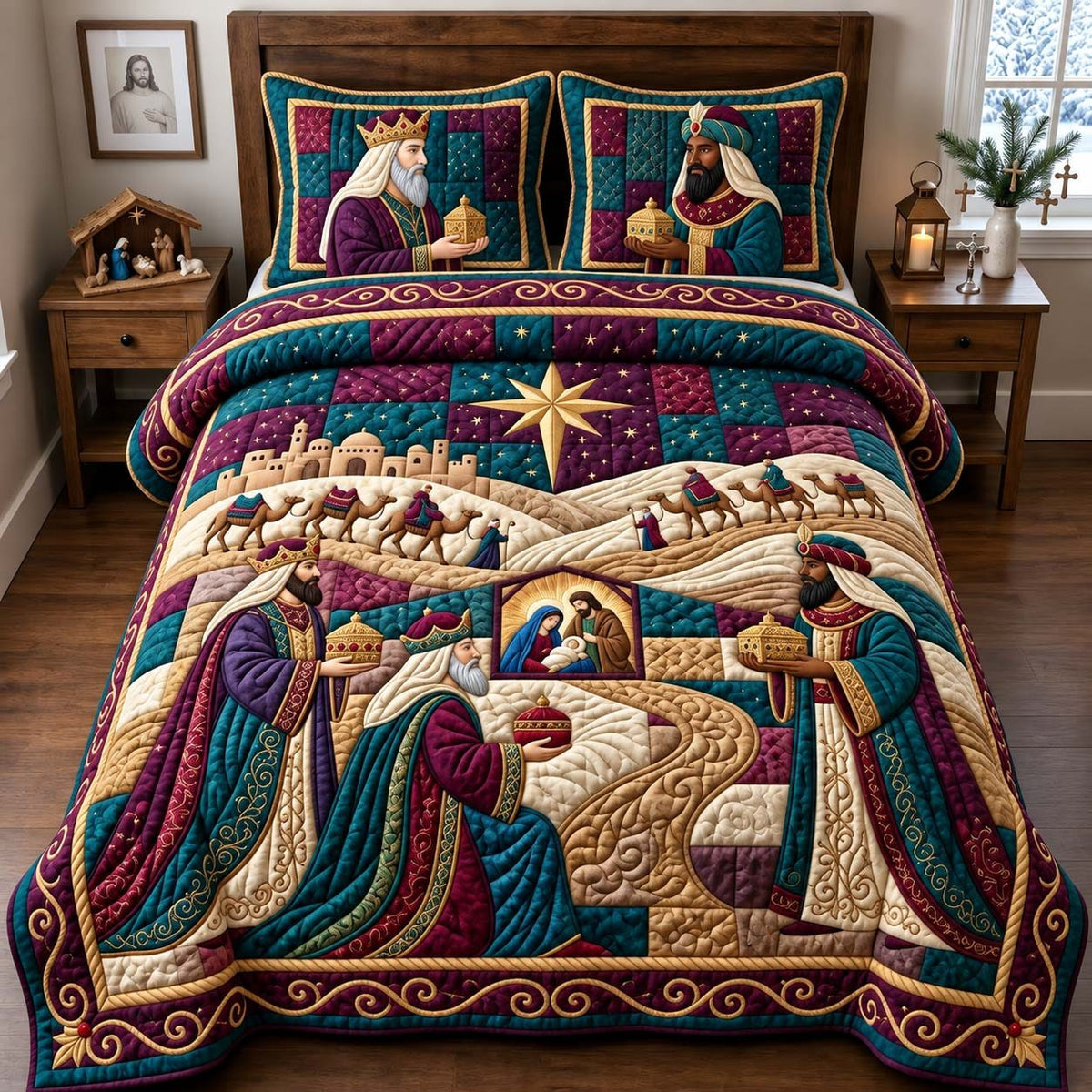 Gifts for Jesus quilted 3-piece bedding set on a made bed in a softly lit bedroom