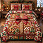 Gingerbread Bow Gift quilted 3-piece bedding set on a made bed in a winter-styled bedroom