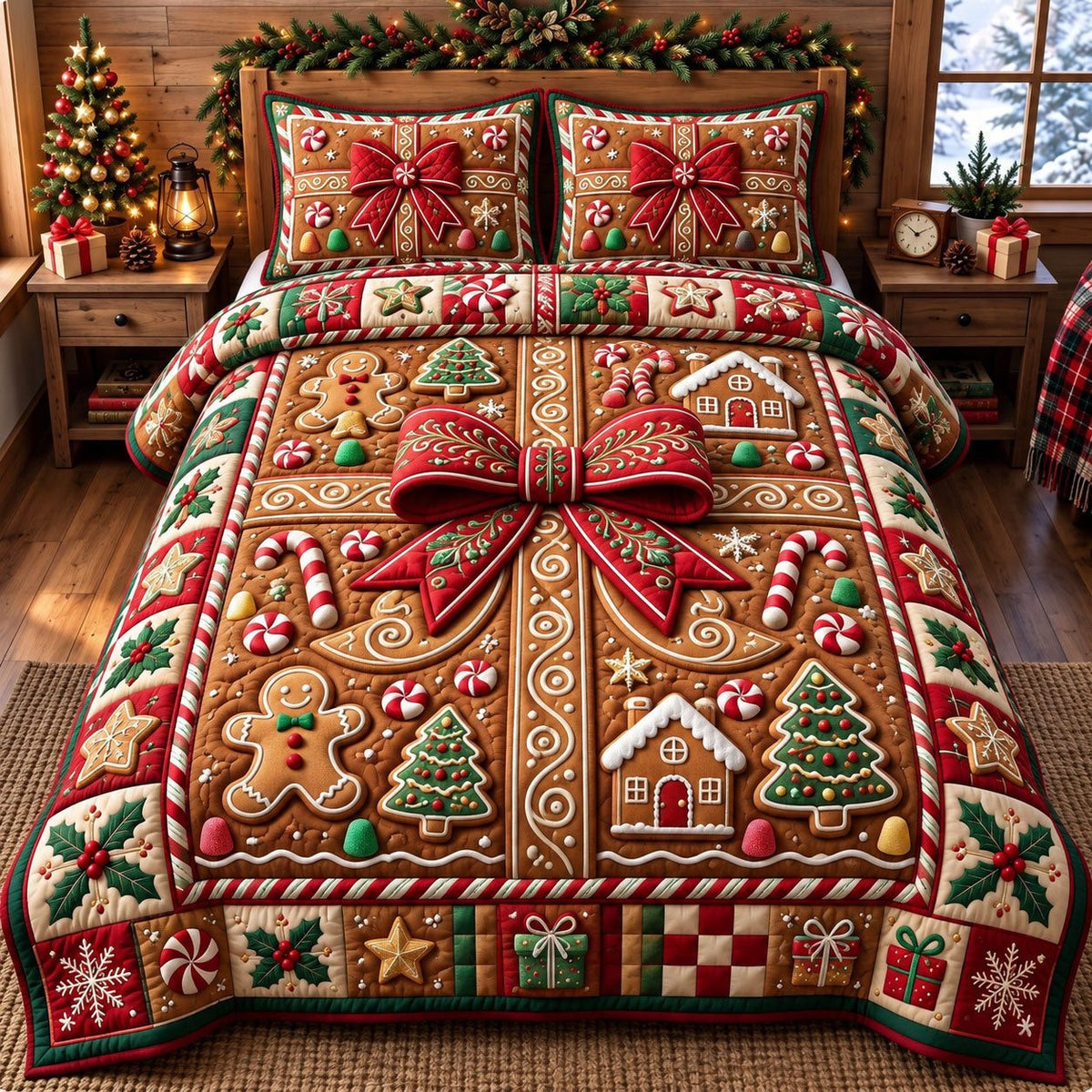 Gingerbread Bow Gift quilted 3-piece bedding set on a made bed in a winter-styled bedroom