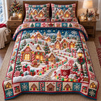 Gingerbread Candy Lane Christmas Village quilted 3-piece bedding set on a made bed in a winter-styled bedroom