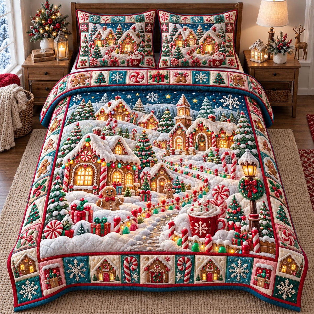 Gingerbread Candy Lane Christmas Village quilted 3-piece bedding set on a made bed in a winter-styled bedroom