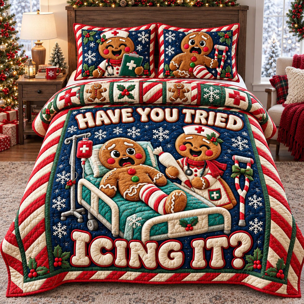 Gingerbread Christmas Nurse quilted 3-piece bedding set on a made bed in a winter-styled bedroom
