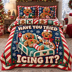Gingerbread Christmas Nurse quilted 3-piece bedding set on a made bed in a winter-styled bedroom