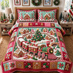 Gingerbread Holiday Train quilted 3-piece bedding set on a made bed in a winter-styled bedroom
