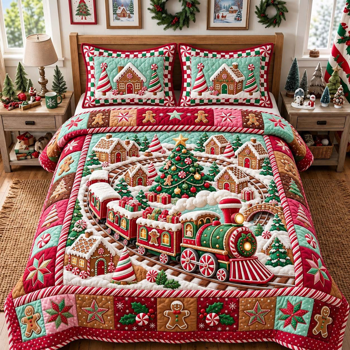 Gingerbread Holiday Train quilted 3-piece bedding set on a made bed in a winter-styled bedroom