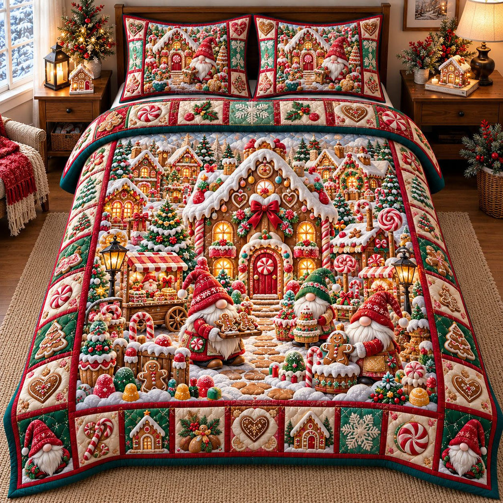 Gingerbread House Gnome Village quilted 3-piece bedding set on a made bed in a winter-styled bedroom