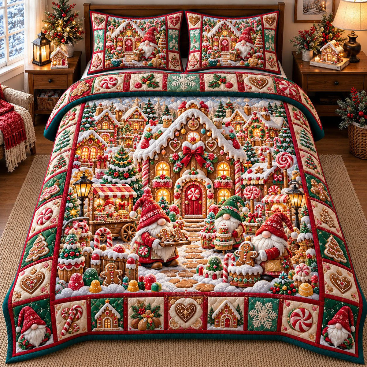 Gingerbread House Gnome Village quilted 3-piece bedding set on a made bed in a winter-styled bedroom