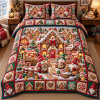 Gingerbread House Gnome Village quilted 3-piece bedding set on a made bed in a winter-styled bedroom