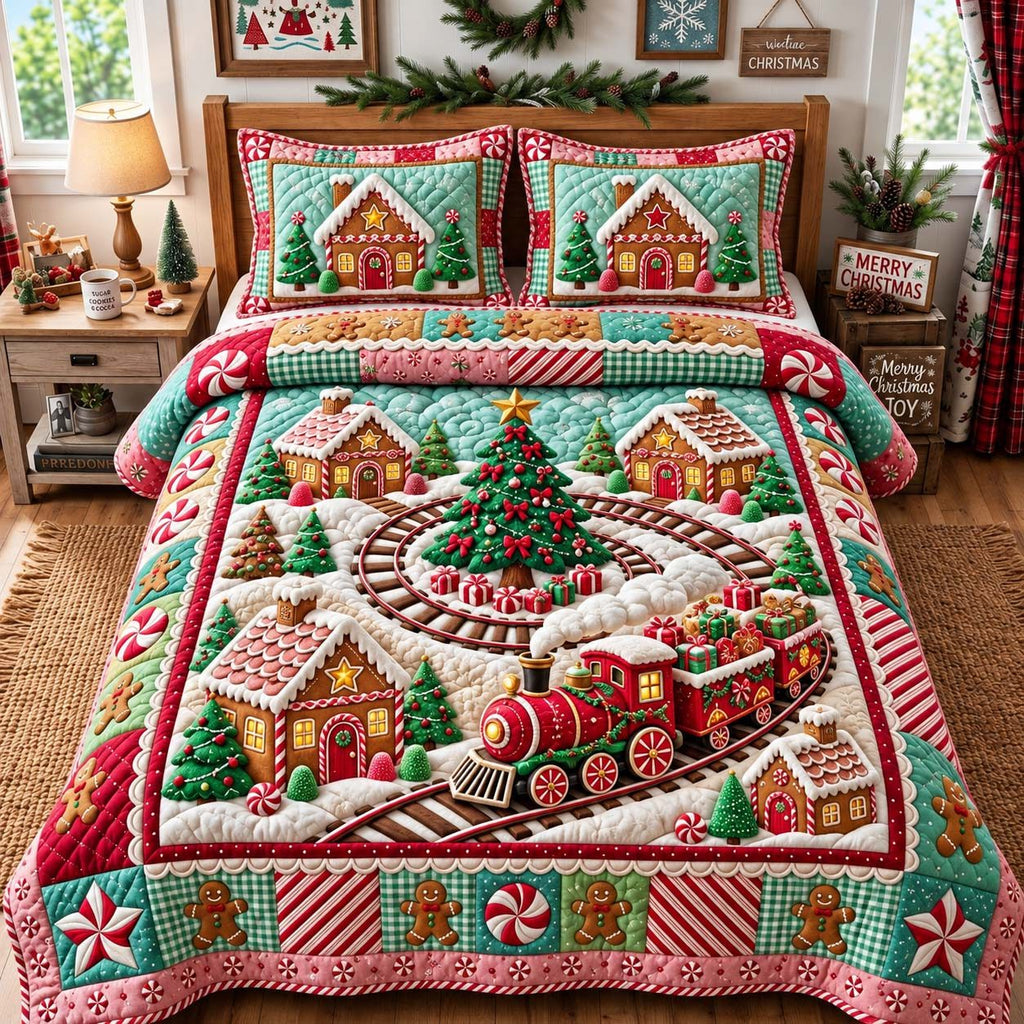 Gingerbread Rail Village quilted 3-piece bedding set on a made bed in a winter-styled bedroom