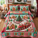Gingerbread Rail Village quilted 3-piece bedding set on a made bed in a winter-styled bedroom