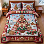 Gingerbread Village quilted 3-piece bedding set on a made bed in a winter-styled bedroom