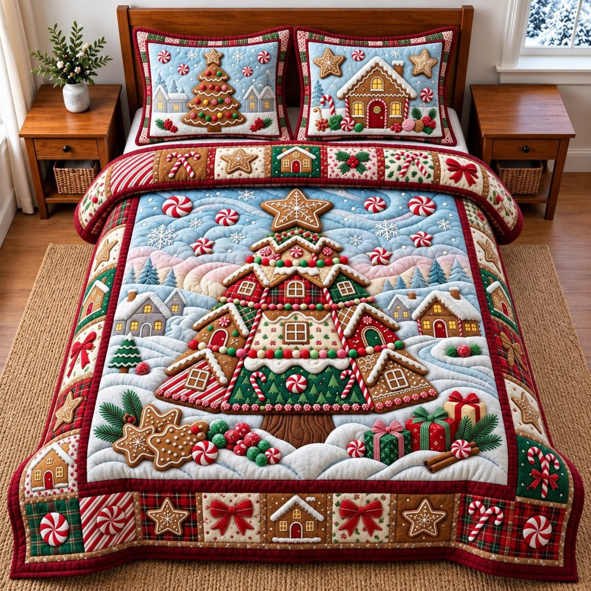 Gingerbread Village quilted 3-piece bedding set on a made bed in a winter-styled bedroom