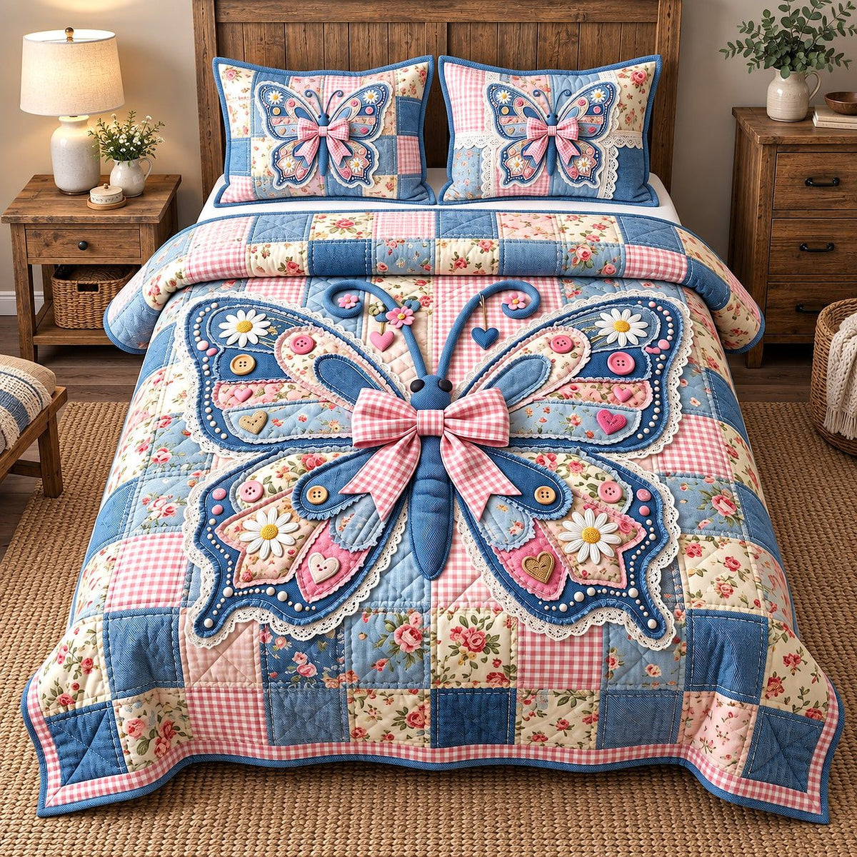 Gingham Bow Patchwork Butterfly quilted 3-piece bedding set on a made bed in a farmhouse bedroom