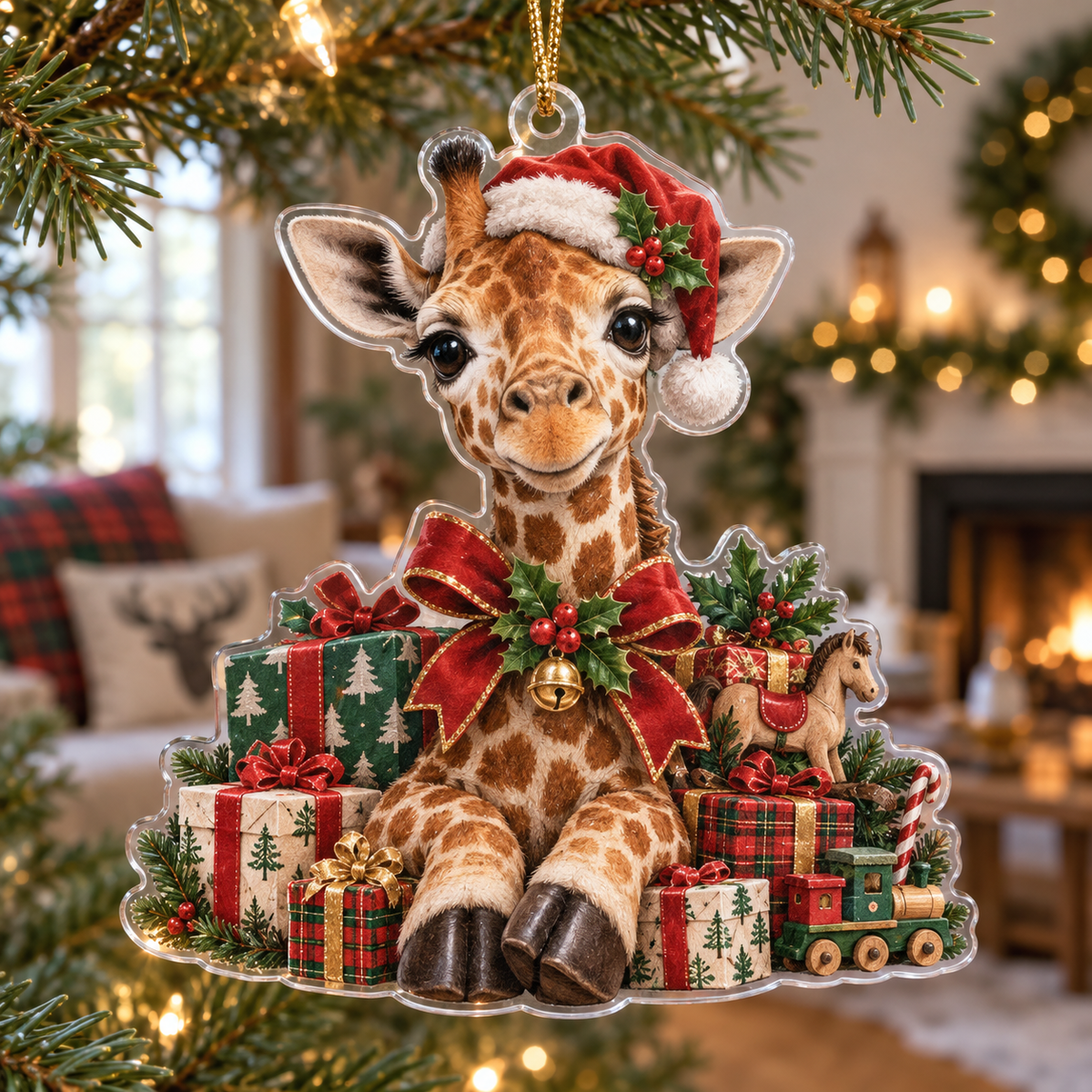 Giraffe Acrylic Christmas Ornament — digital product visualization