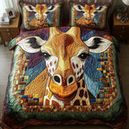 Giraffe Patchwork Face quilted 3-piece bedding set on a made bed in a farmhouse bedroom